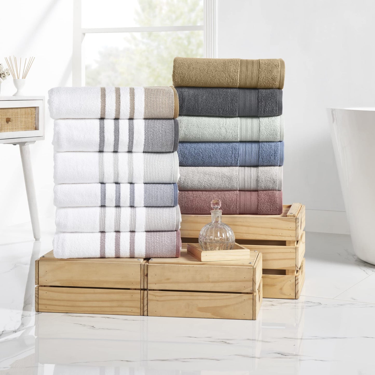 6 Piece Set, 2 Bath Towels, 2 Hand Towels, 2 Washcloths, Quick Dry White/Contrast Reinhart Tan
