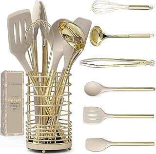 7-Piece Beige and Gold Kitchen Utensil Set with Holder
