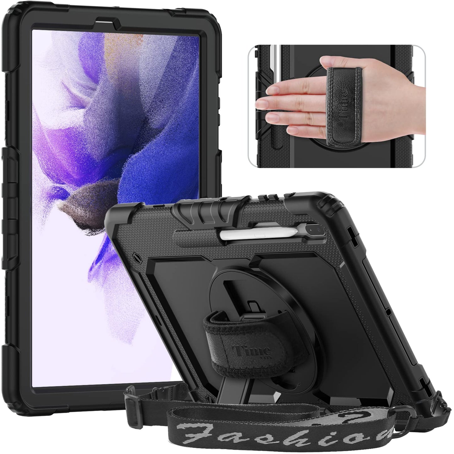 Case for Samsung Galaxy Tab S8 Plus/ S7 FE 5G 12.4'' Case With Screen Protector & 360 Degree Swivel Kickstand & Hand Shoulder Strap Case for Galaxy Tab S7 FE/ S8 Plus/ S7 Plus 12.4 inch-Black
