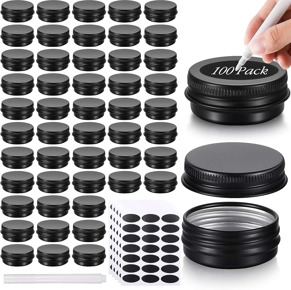 Set of 100 small metal tins with screw lids and labels