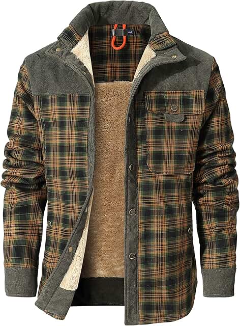 Men's Sherpa Flannel Corduroy Plaid Shirt with Pocket