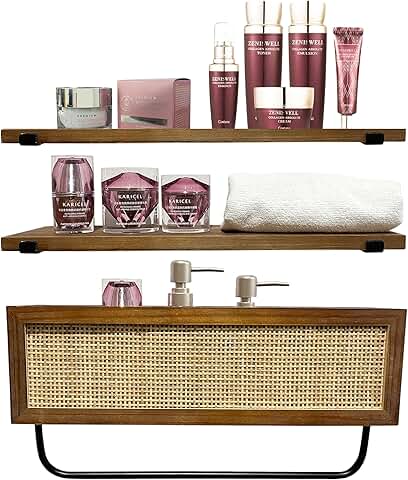 3-Tier Farmhouse Rattan Bathroom Shelves with Basket and Towel Bar