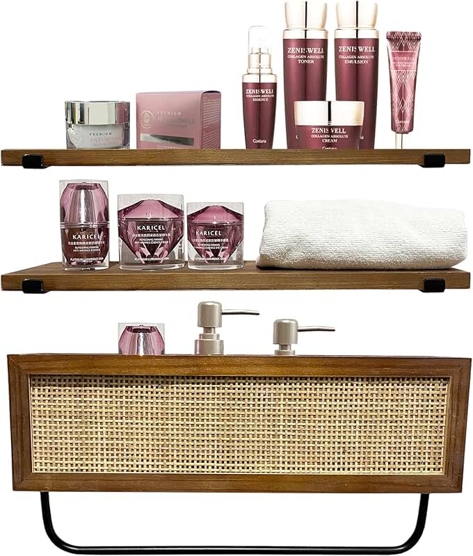 3-Tier Farmhouse Rattan Bathroom Shelves with Basket and Towel Bar