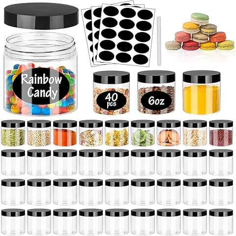 40 Pack 6oz Clear Plastic Jars with Black Lids