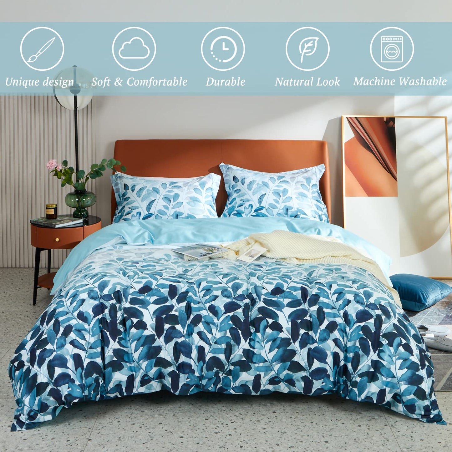 100% Duvet Cover Set 3pcs Gradient Blue Leaf Bedding Set with Zipper Closure  Corner Ties  Nero 1 Duvet Cover, 2 Pillow Shams)