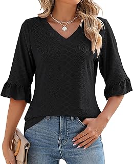 Women's 3/4 Sleeve Summer V-Neck Eyelet Top