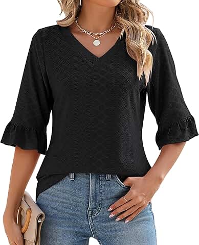 Women's 3/4 Sleeve Summer V-Neck Eyelet Top
