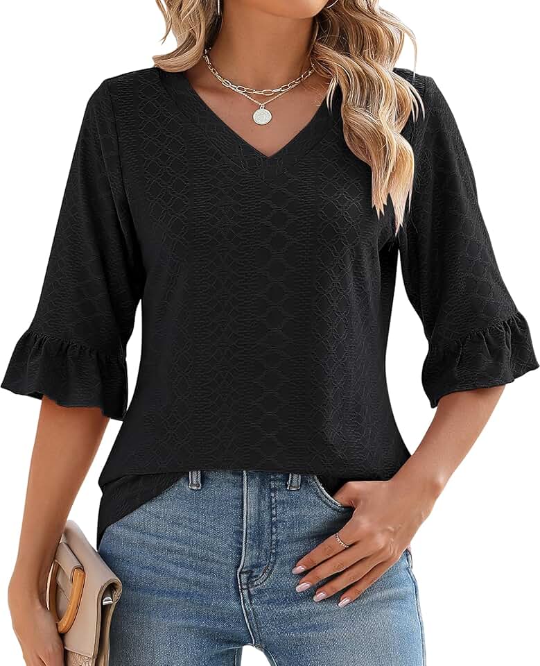 Women's 3/4 Sleeve Summer V-Neck Eyelet Top