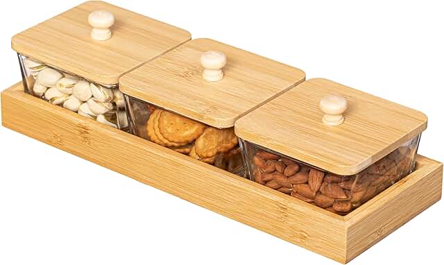 Set of 3 square glass jars with bamboo lids and wooden tray