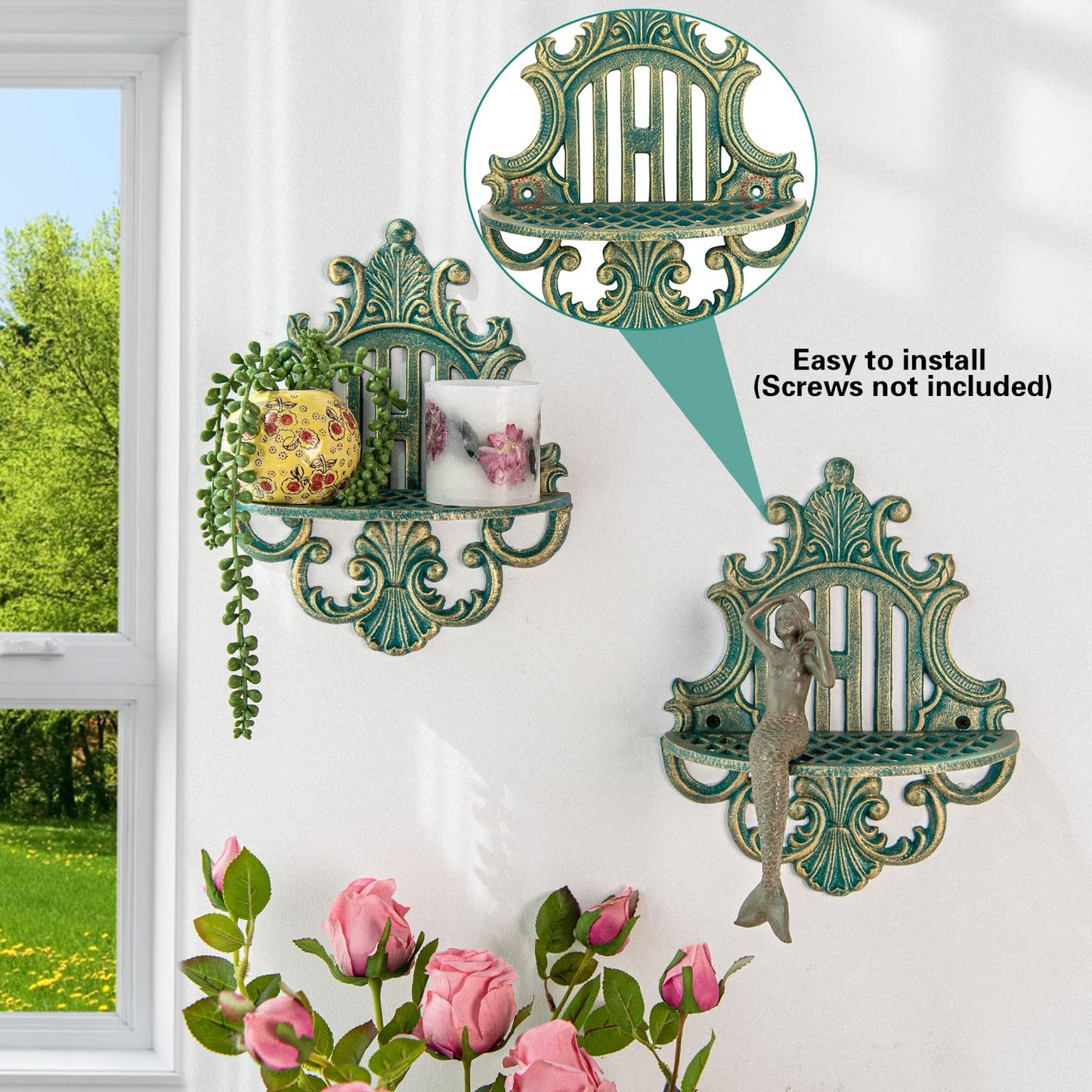 Cast Iron Wall Mounted Floating Shelves, Set of 2 Antique Green Wall Hanging Shelves  Decorative Victorian Metal Wall Shelves  Display Ledge Storage Rack for Living Room, Bathroom, Bedroom