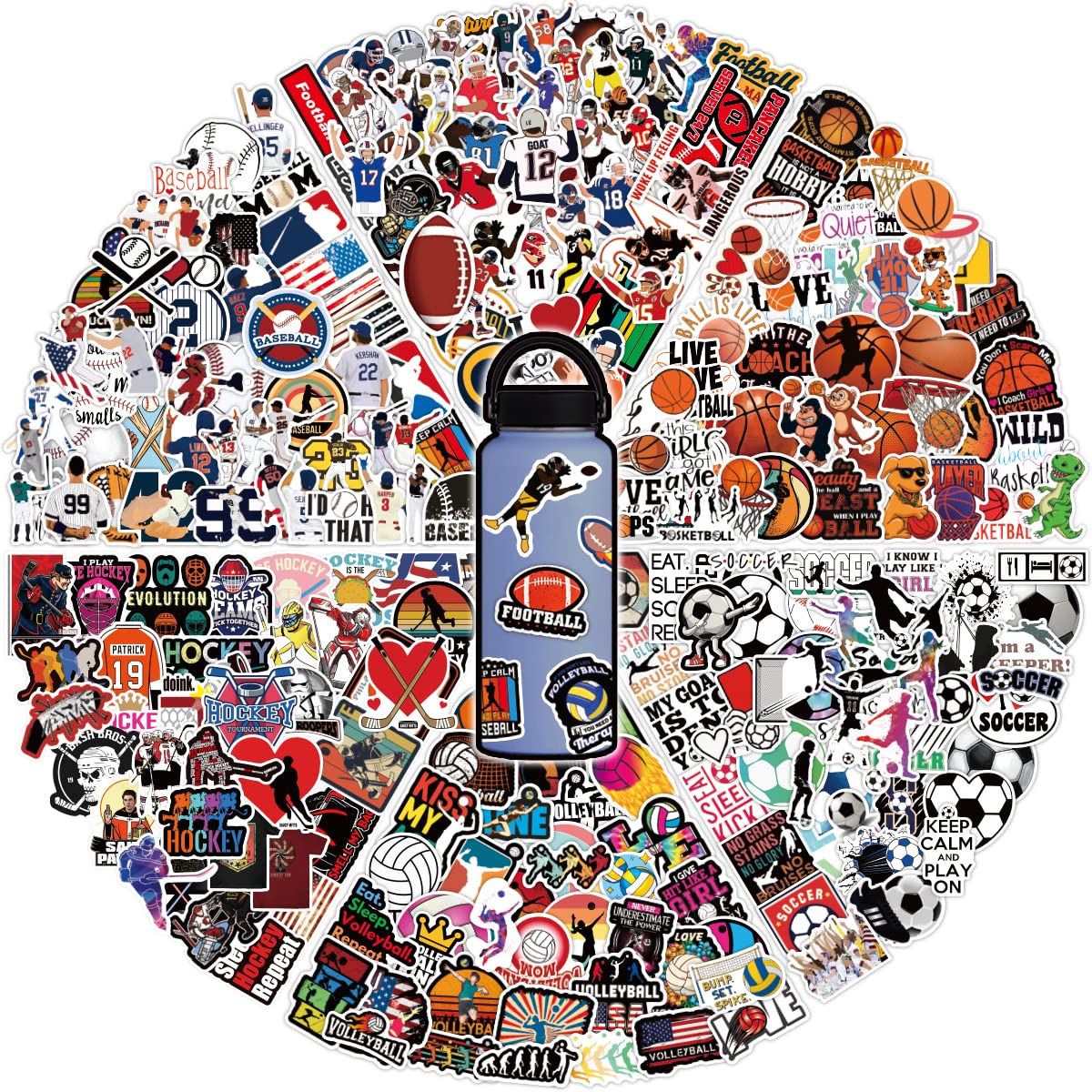 300 Pcs Cool Vinyl Sports Stickers,Waterproof Water Bottle Stickers for Laptop Scrapbook Skateboard Luggage Helmet,Football Soccer Volleyball Baseball Decals School Rewards for Kids Teens Adults Party