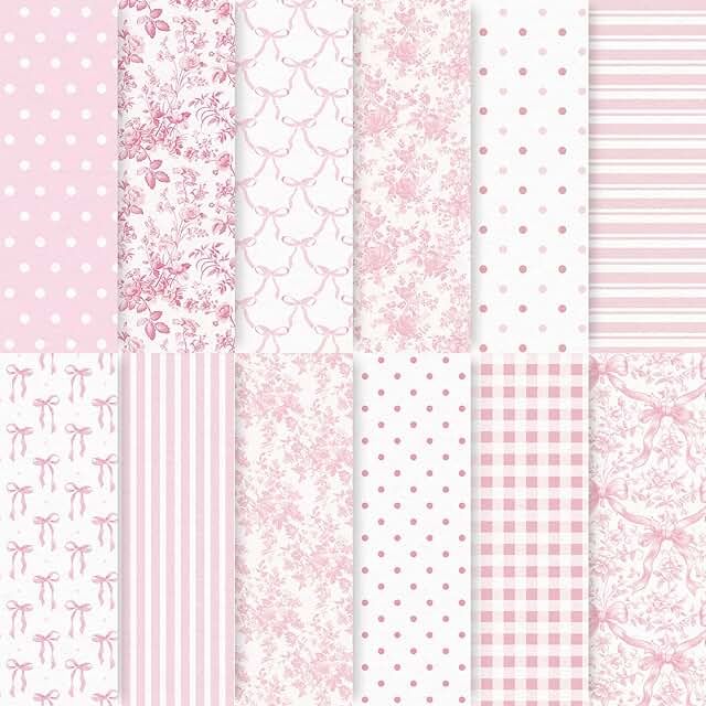 Pink Bow Floral Pattern Scrapbook Paper, 24 Sheets