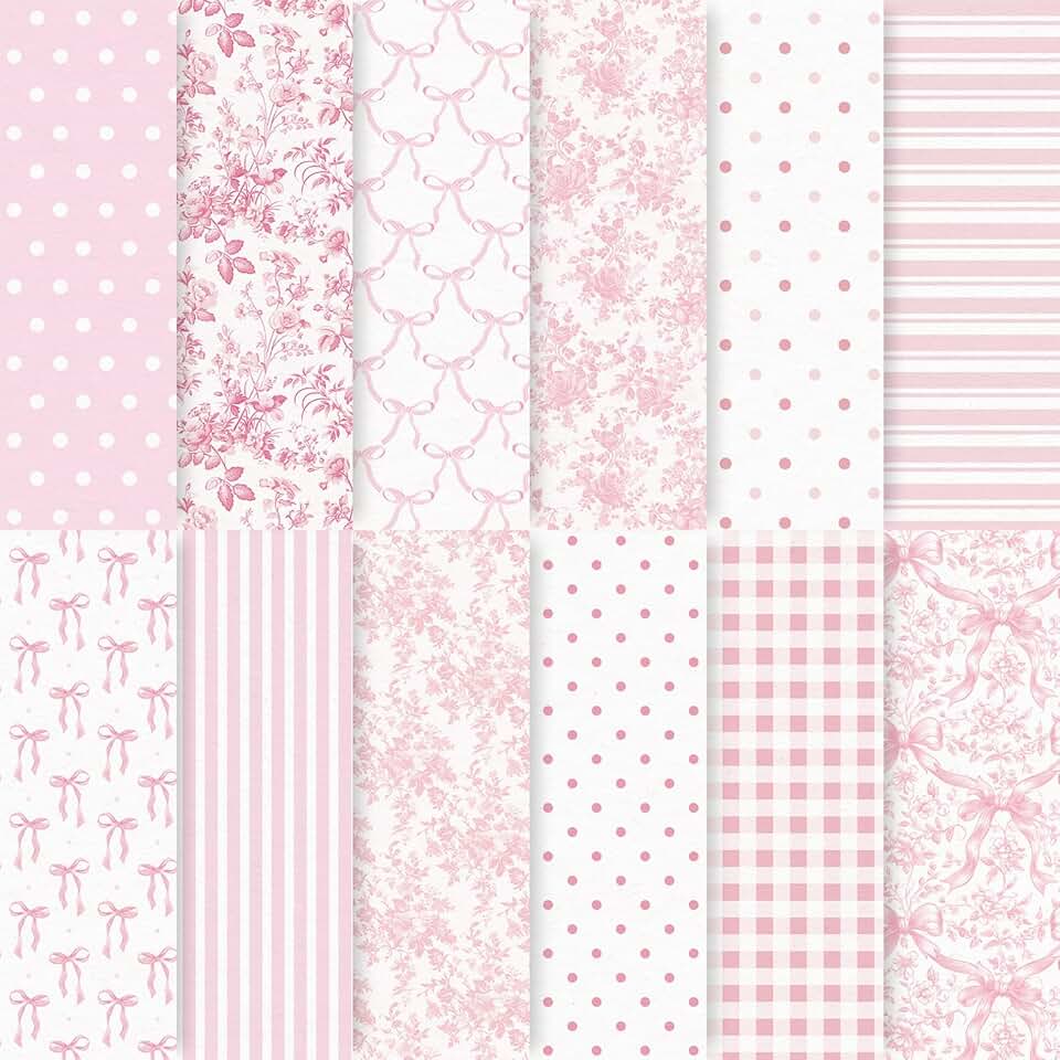 Pink Bow Floral Pattern Scrapbook Paper, 24 Sheets