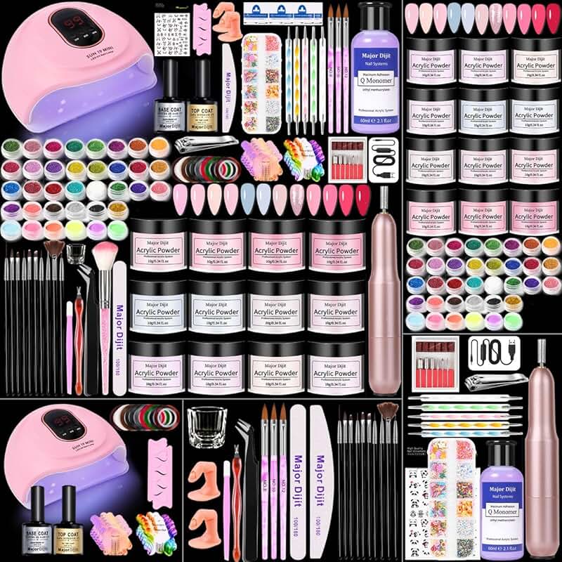 Acrylic Nail Kit with Drill and 12 Color Powders for Beginners