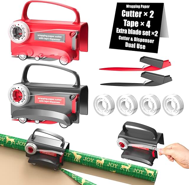 Two-pack wrapping paper cutter and tape dispenser with four tapes