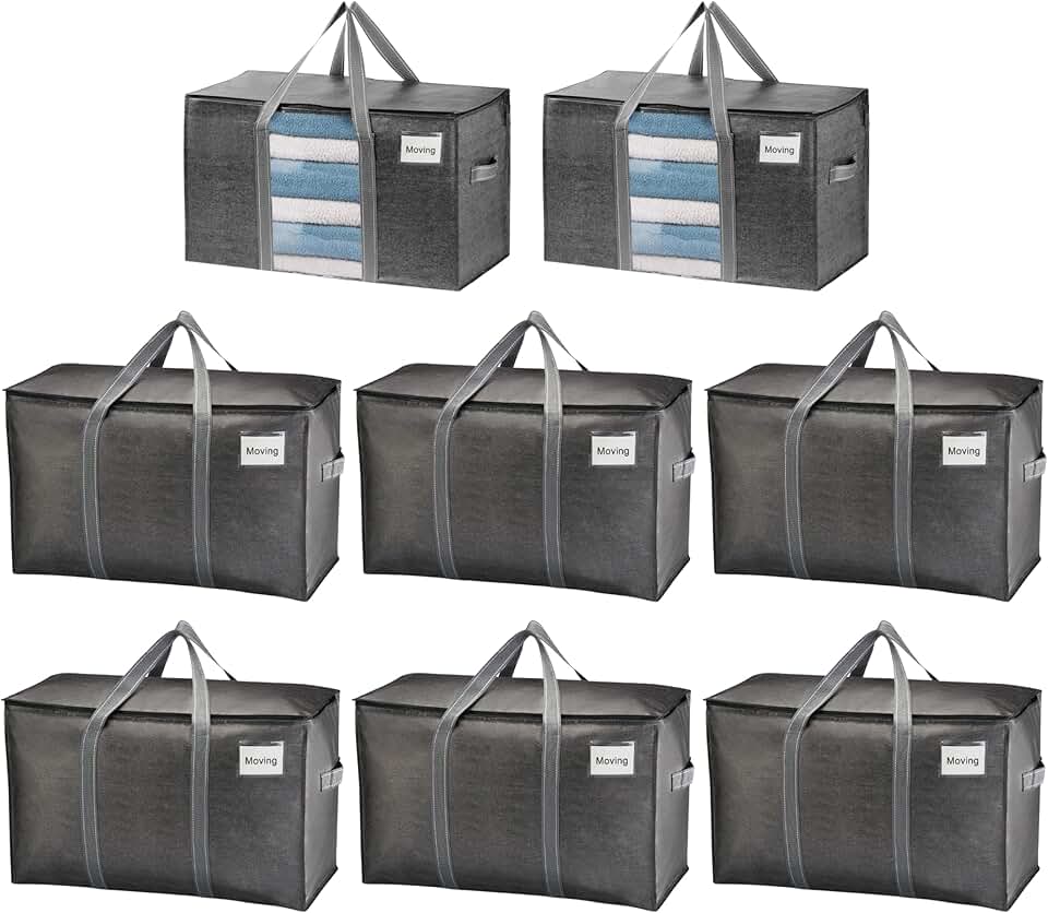Eight heavy-duty moving storage bags with handles and windows