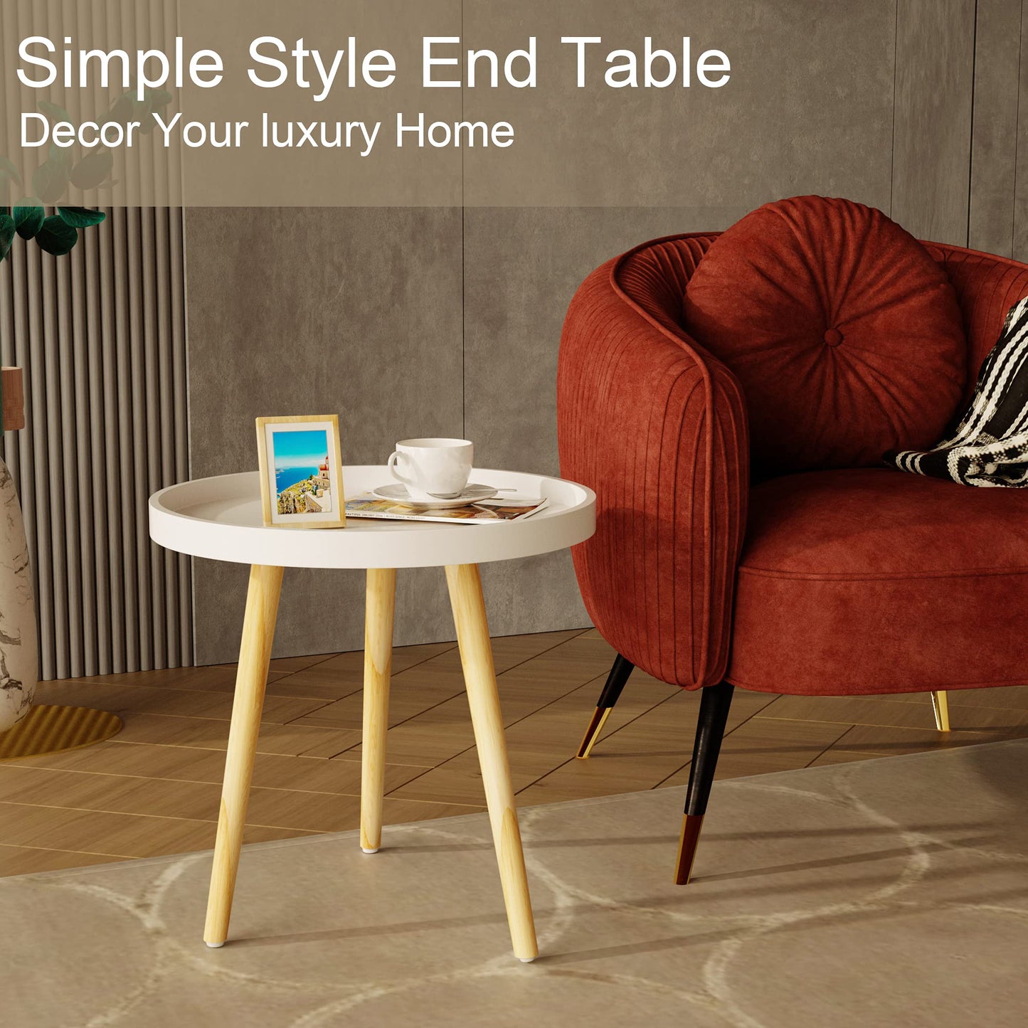 Side Table, White End Table, Small Sofa End Table Indoor Accent Table for Small Spaces, Living Room, Bedroom, Balcony, Easy Assembly Decor Bedside Table with Wood Legs Wood)