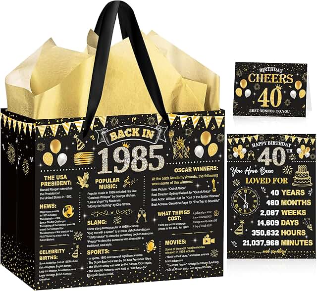 40th Birthday Gift Bag with Tissue and Card