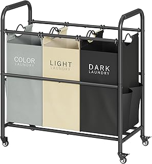 Three-Compartment Laundry Sorter with Lockable Wheels