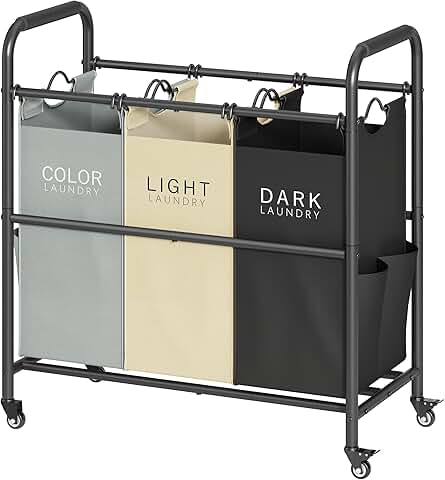 Three-Compartment Laundry Sorter with Lockable Wheels
