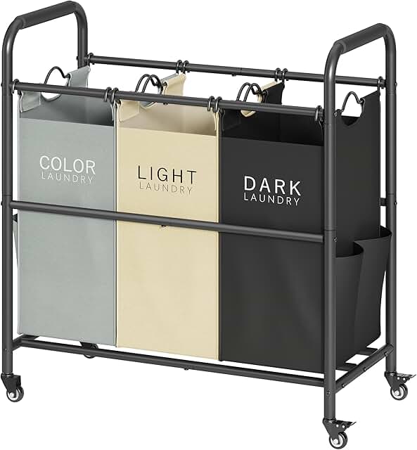 Three-Compartment Laundry Sorter with Lockable Wheels