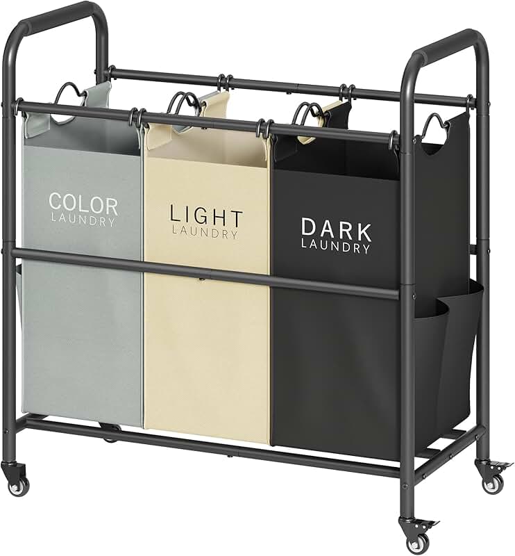 Three-Compartment Laundry Sorter with Lockable Wheels