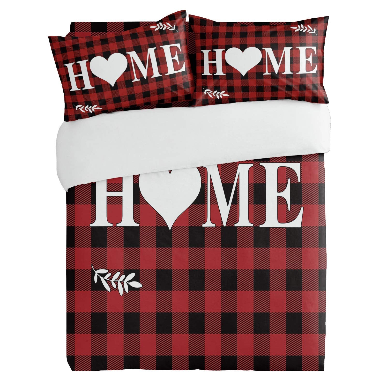 3 Pieces Duvet Cover Cal King Bedding Sets s Day Heart Home Soft Quilt Cover with Pillowcases Farm Lumberjack Buffalo Black Red Plaid Microfiber Comforter Set for Bedroom