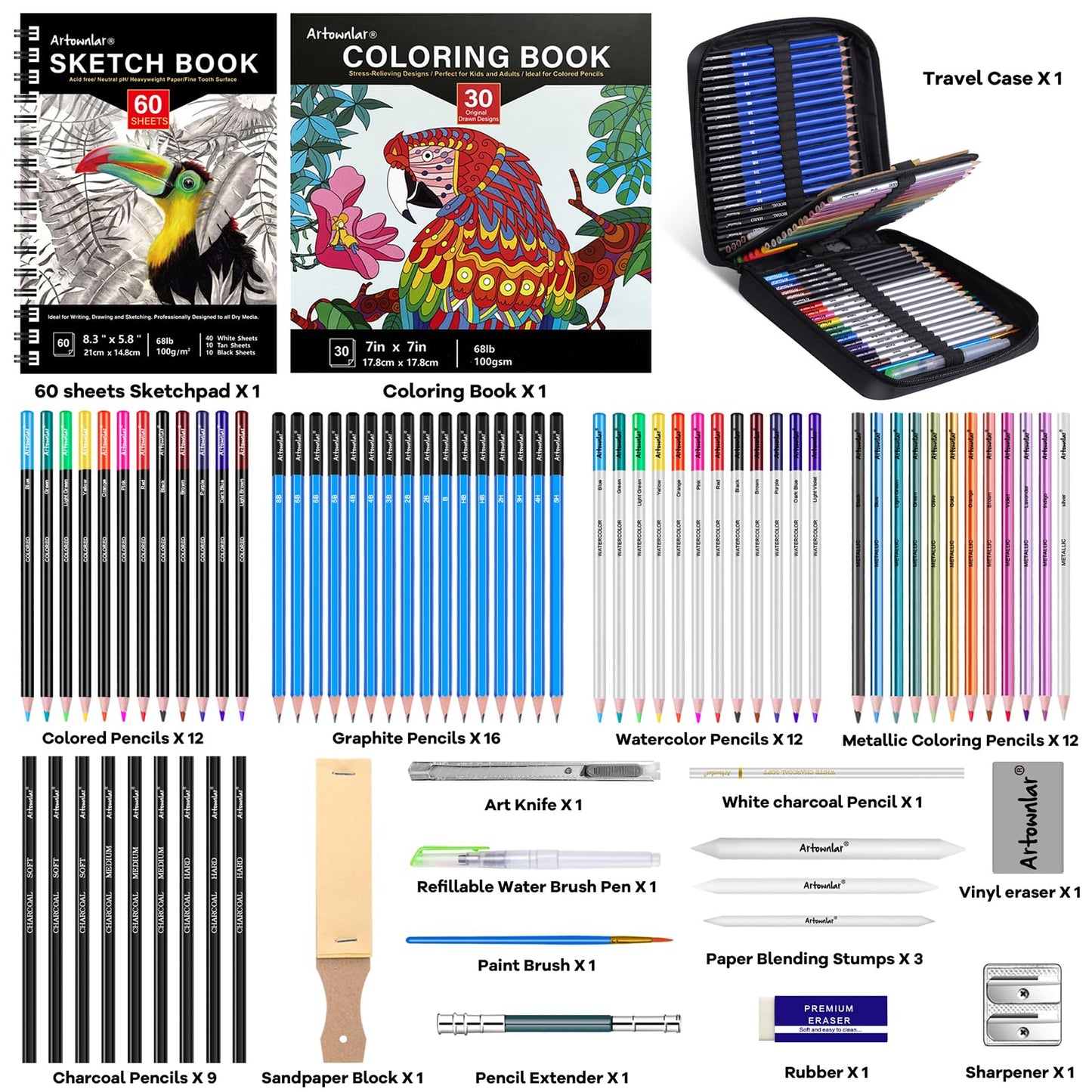 76-Piece Art Drawing Supplies Set with Sketchbook and Coloring Book