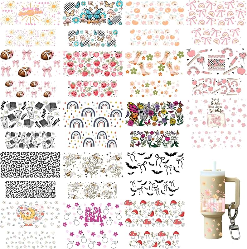 Set of 42 Mini Tumbler Keychain Wraps with Various Designs