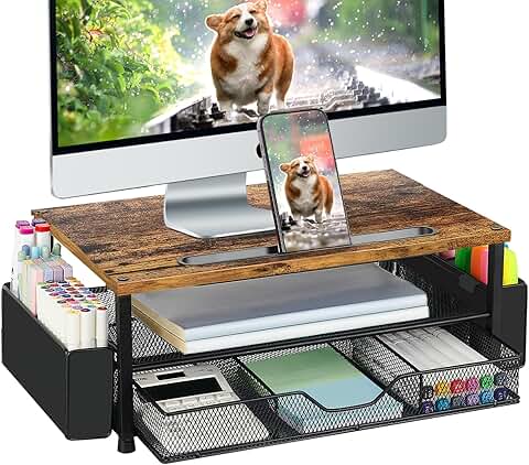 Wood Desk Organizer with Monitor Stand and Drawer
