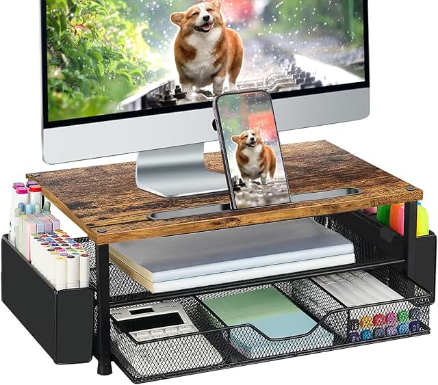 Wood Desk Organizer with Monitor Stand and Drawer