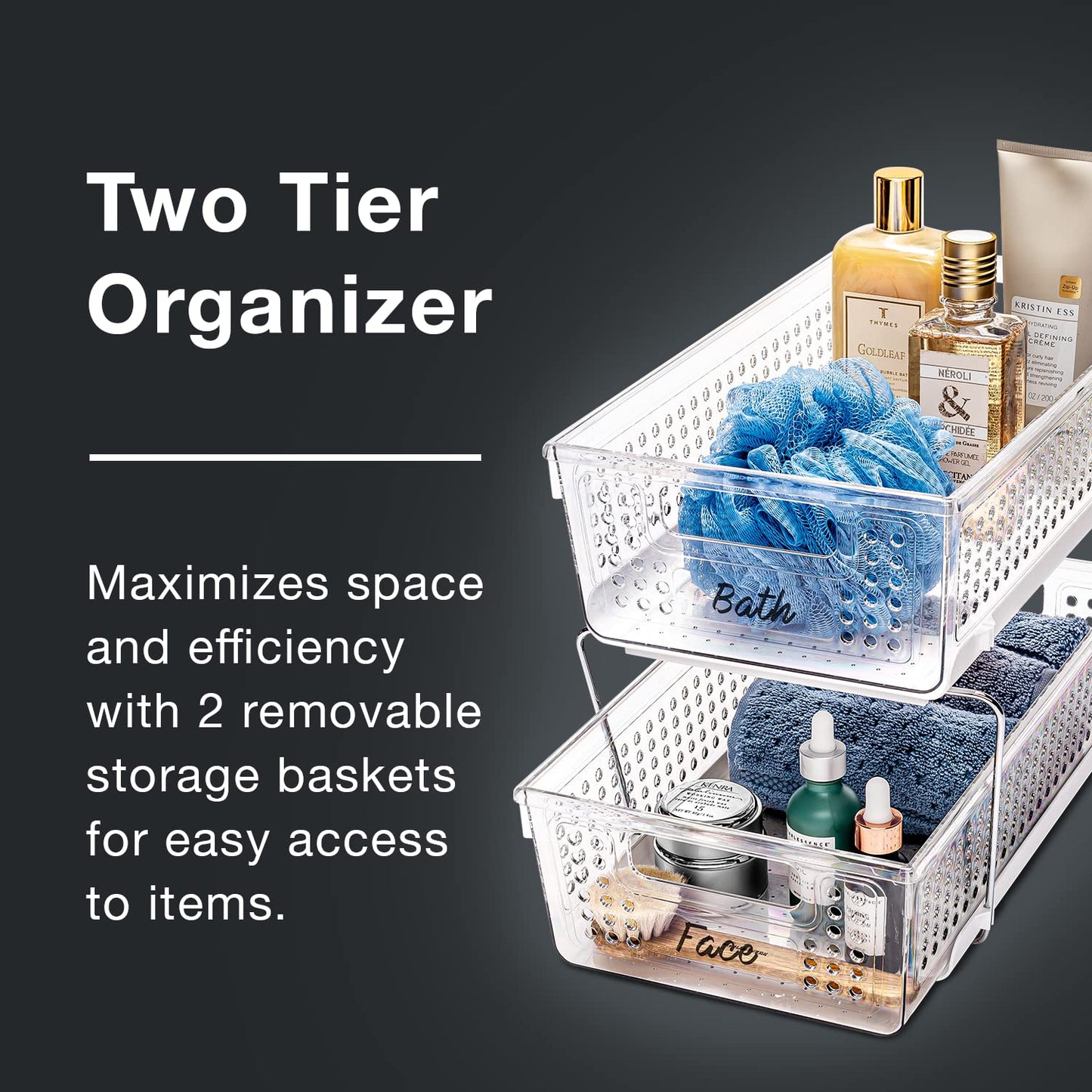 2 Tier Organizer, Multi-Purpose Slide-Out Storage Baskets with Handles, Pack of 1, Clear
