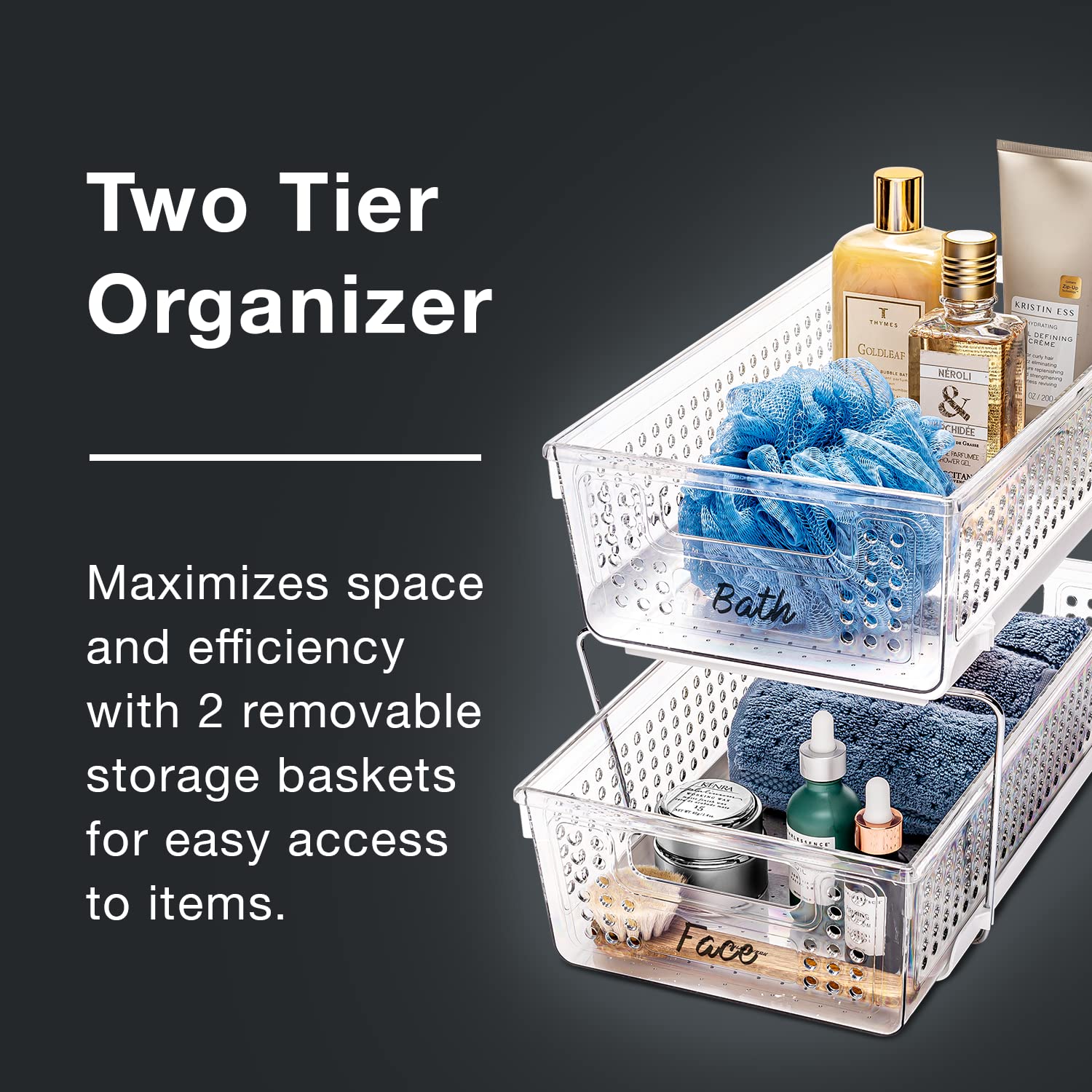 2 Tier Organizer, Multi-Purpose Slide-Out Storage Baskets with Handles, Pack of 1, Clear