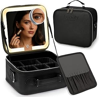 Portable PU Leather Makeup Bag with LED Mirror and Dividers