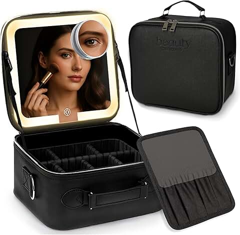 Portable PU Leather Makeup Bag with LED Mirror and Dividers