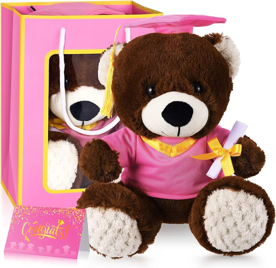 Pink Graduation Teddy Bear with Cap, Gown, Card, and Bag