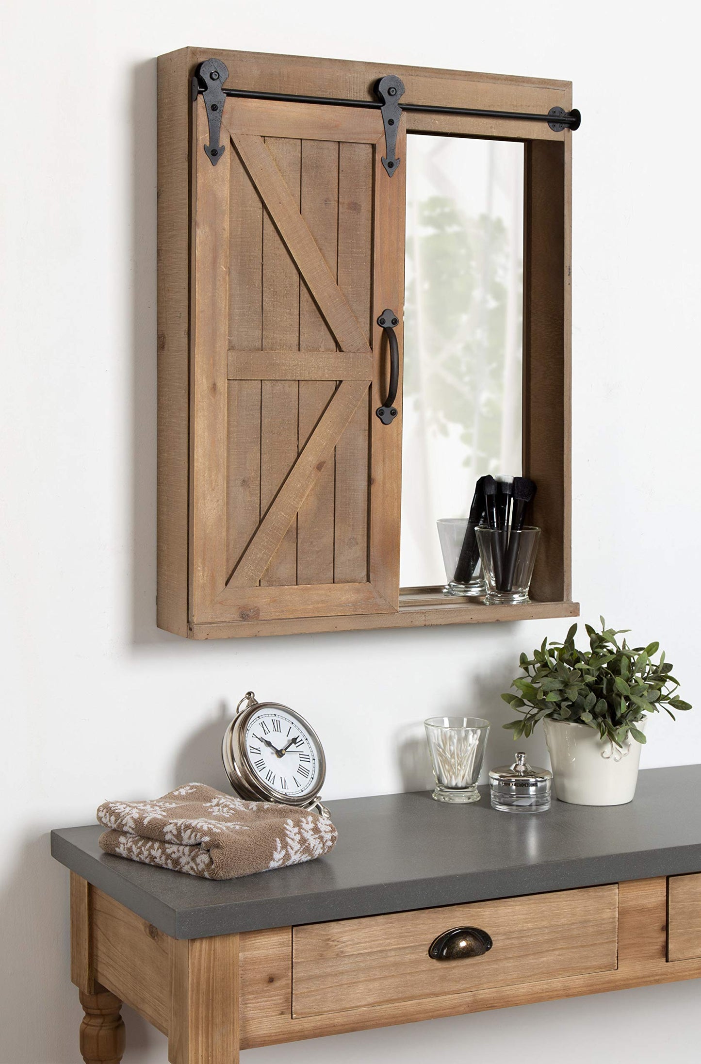 Cates Decorative Wood Wall Storage Cabinet with Vanity Mirror and Sliding Barn Door, Rustic Brown