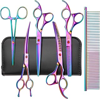 Rainbow Curved Dog Grooming Scissors with Safety Tips