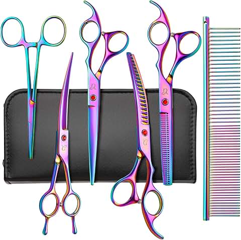 Rainbow Curved Dog Grooming Scissors with Safety Tips