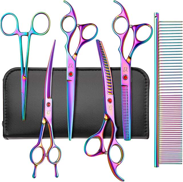 Rainbow Curved Dog Grooming Scissors with Safety Tips