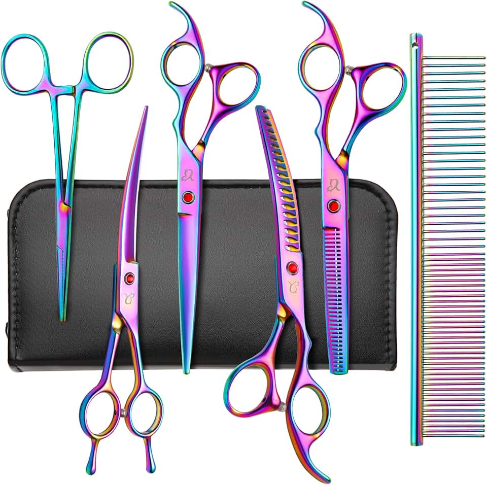 Rainbow Curved Dog Grooming Scissors with Safety Tips