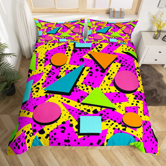 Geometric Duvet Cover Twin,3D Round Circular Triangle Square Bedding Set Retro Vintage Abstract 80S 90S Memphis Style Design Comforter Cover,Kids Child Multicolor Geometric Shapes Bedroom Decor