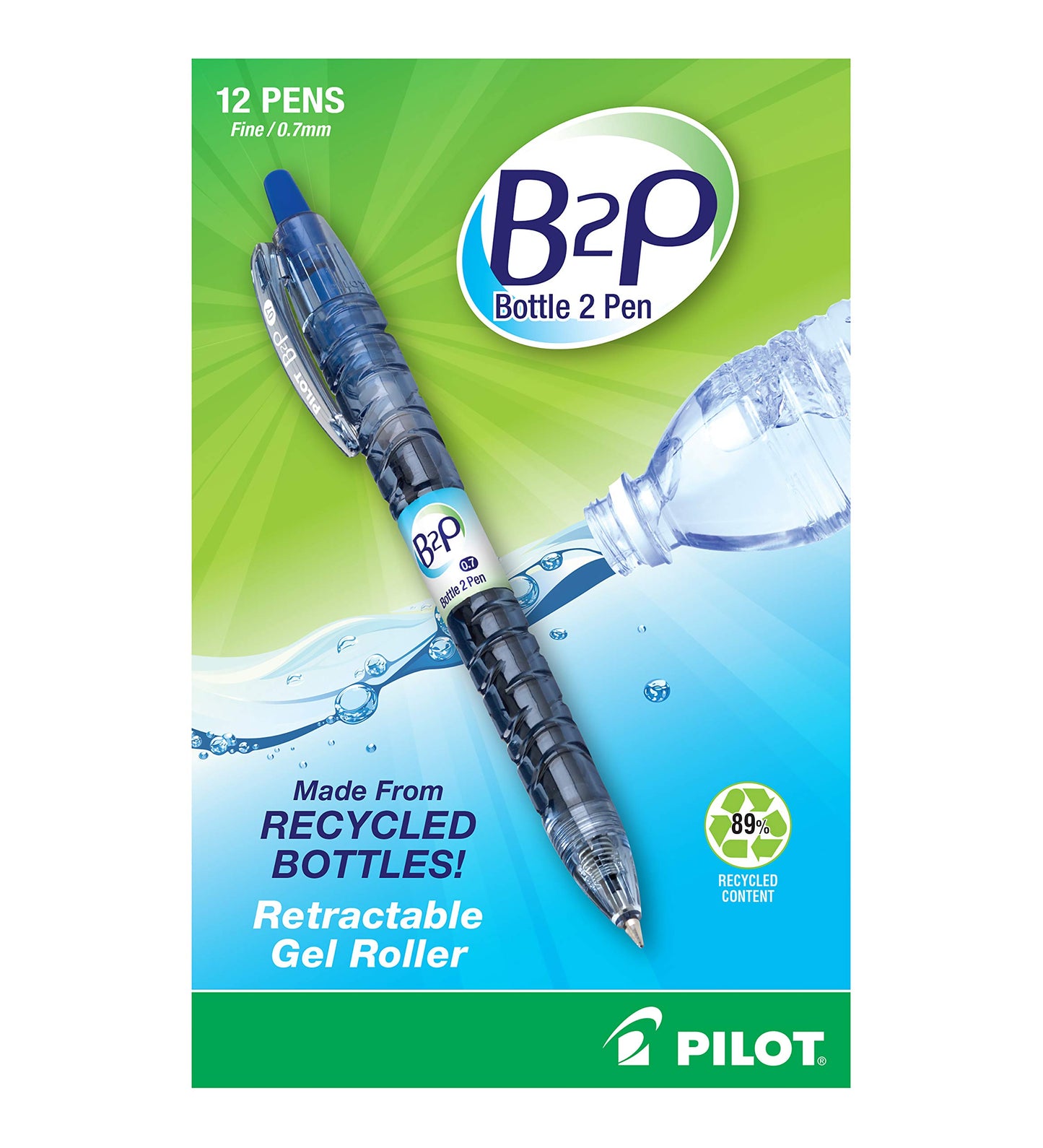 Refillable Blue Gel Pen from Recycled Bottles, 12 Pack
