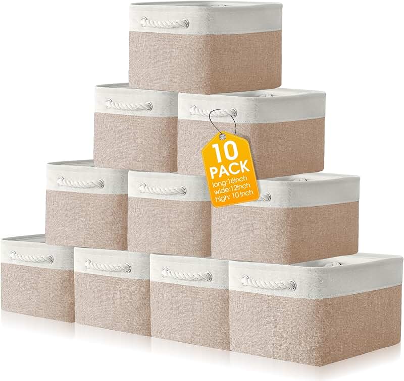 Set of 10 Large Collapsible Fabric Storage Baskets with Handles
