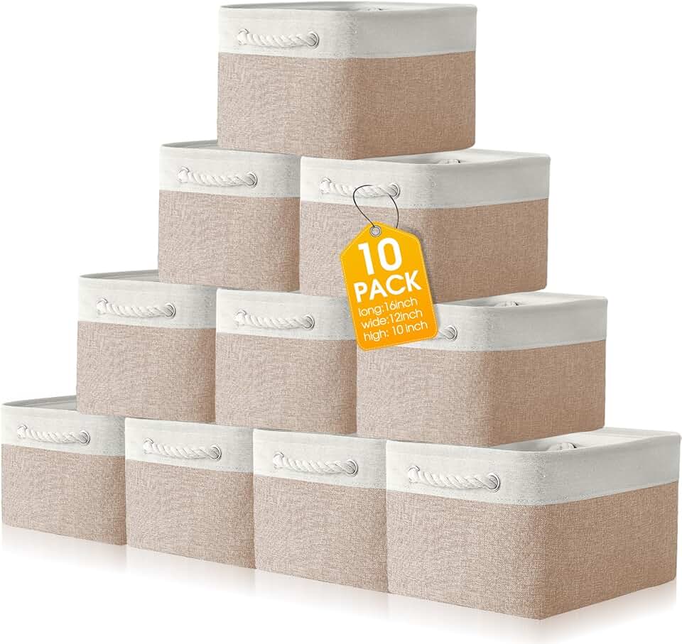 Set of 10 Large Collapsible Fabric Storage Baskets with Handles