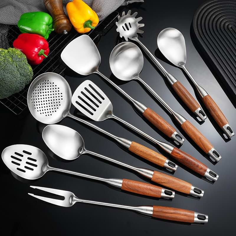 9-Piece Stainless Steel Kitchen Utensil Set with Wooden Handles