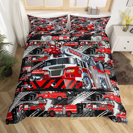Truck Bedding Set Queen,Red Engine Comforter Cover for Boys Girls,Kids Car Vehicle Print Duvet Cover Set Fighting Truck Bedspread Cover Fashion Teens Bedroom Decor 3 Pcs Bed