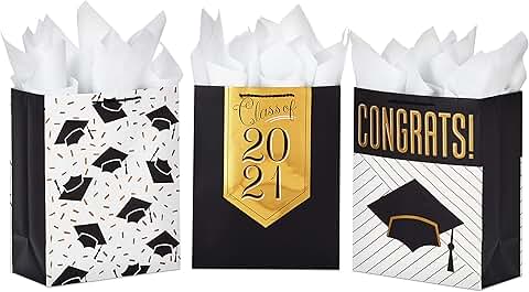 Large Graduation Gift Bags with Tissue Paper, Black and Gold