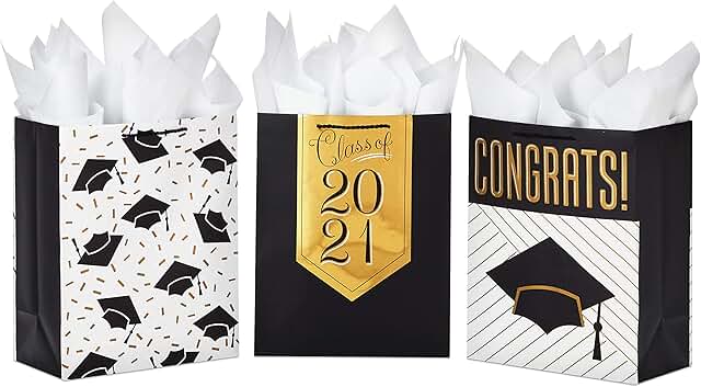 Large Graduation Gift Bags with Tissue Paper, Black and Gold