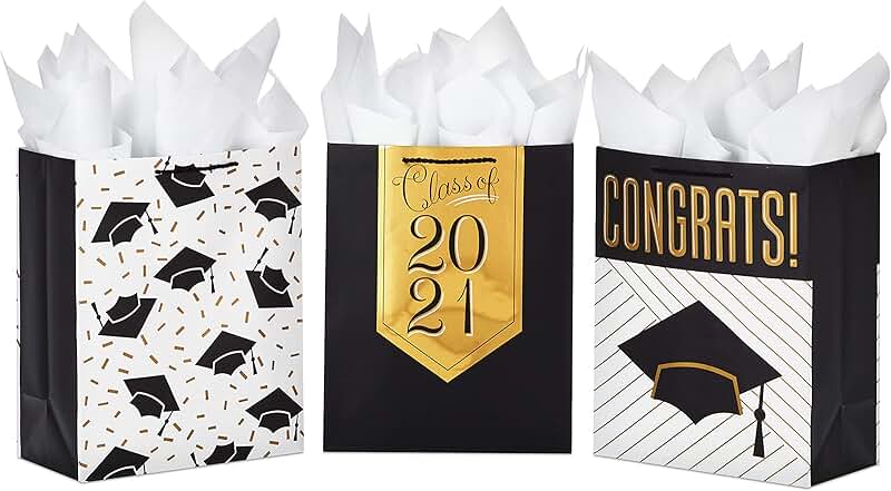 Large Graduation Gift Bags with Tissue Paper, Black and Gold